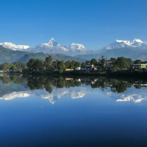 Photo of Pokhara with Mountains in the background and Fewa Lake on the front